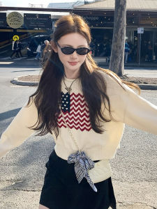Loose American Style Knitted Sweater with Floral Embroidery round Neck Lazy Match-all Early Autumn Korean Atmosphere Feeling Womens Top