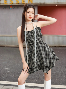 SANFU | Đầm A-Line Hình Tartan Dáng Bất Đối Xứng Cho Mùa Hè