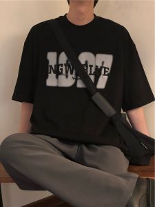 Summer Fashionable Hong Kong Style American Brand Heavy Duty 100% Pure Cotton Short Sleeve T-Shirt for Men Loose Oversize Half Sleeve Top