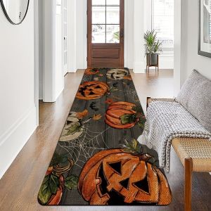 VIKAMA Fall Halloween Wood Grain Pumpkin Runner Rug Non Slip Washable Long Floor Mat For Hallway Entry Thanksgiving Home Decor