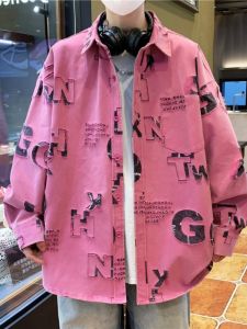 Long Sleeve Mens Shirt Embroidered Letter Cotton Pure Color Summer Thin Outerwear for Students And Hairdressers