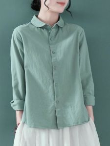 Elegant Cotton Linen Shirt Womens Long Sleeve Casual Baby Collar Breathable Loose Fit Pure Color Shirt for Early Autumn 2025