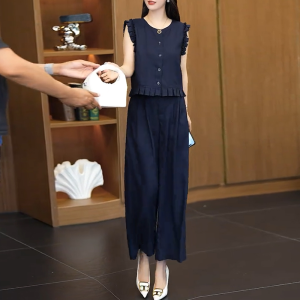 Shalldoer | Summer Fashionable Womens Outfit Beautiful Sleeveless Top And Wide Leg Pants Two Piece Set Cute Wooden Edge Detail Casual Wear