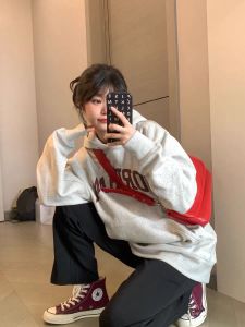 Áo Nỉ Có Mũ Trùm Đầu Màu Trắng Xám Phong Cách Mỹ Cổ Điển Dành Cho Nữ Áo Khoác Ngoài Mùa Thu Đông Áo Khoác Ngoài Cotton 100%