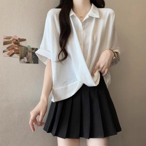 Baby Siyue Womens Loose-fitting Short-Sleeve Shirt Cross-Stitched Slimming Design Asymmetrical Work Clothing for Summer