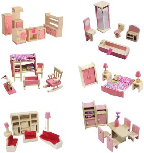 FLIPPED Wooden Dollhouse Furniture Doll House Accessories Wood Miniature Doll House Furniture for Dollhouse Bathroom/ Living Room/ Dining Room/ Bedroom/ Kitchen Decoration Accessories Pretend Play Kids Toy