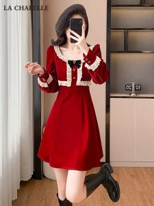 La Chapelle French Style Square Collar Dress Womens Autumn Winter High End Feeling New Years Battle Robe Small Ceremony Dress