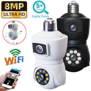 8MP E27 Bulb WiFi Camera Dual Lens Dual Screen Auto Tracking Two Way Audio Cam Color Night Vision Security Surveillance Camera
