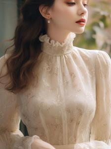 French Style Beautifully Tailored Shirt with Pocket Handkerchief Lace Waist-Cinching Inner Wear Super Stylish White Shirt