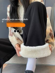 JIANGLU | กางเกงขายาวทรงหลวมเอวสูงผ้ากำมะหยี่ผสมคอตตอนโพลีเอสเตอร์ PU ทรงตรง ทรงหลวม ทรงหลวม กางเกงขายาวทรงหลวมสำหรับผู้หญิงไซส์ใหญ่