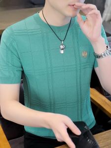 HENGYUANXIANG | Hengyuanxiang Mens Knitted Ice Silk Slim Fit Short Sleeve T-Shirt Round Neck Base Shirt Modern Style Summer Fashion Thin Top
