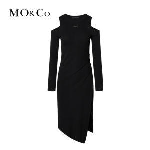 MO&Co. | Metal Logo Off-Shoulder Asymmetric Slit Knit Dress