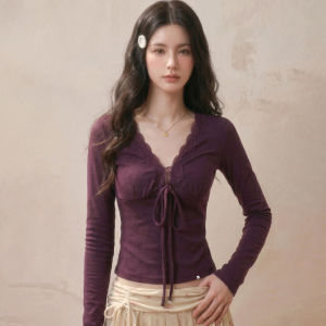 V-neck Tie-front Long-sleeve T-shirt for Women Lace Trim Fitted Slim Short