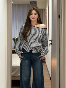 Áo Thun Dài Tay Kẻ Sọc Không Đối Xứng Mùa Thu Đầu Tiên Cho Nữ Dáng Rộng Tay Dài Cổ Tròn Thoải Mái Thoáng Khí
