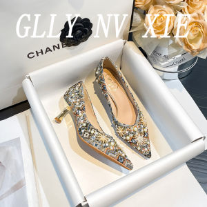 เรียบหรู รองเท้าส้นสูงโลหะฝังเพชร ผู้หญิง สไตล์ฝรั่งเศส รองเท้าสําหรับกระโปรง รองเท้าส้นสูงบาง น้ำหนักเบา รองเท้าเปิดนิ้วเท้าขนาดใหญ่