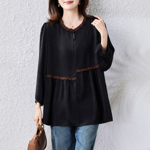 Black High-Low Design Vintage Shirt Slimming Belly Covering Artistic Style Womens plus Size Top Comfortable Commute Fashion