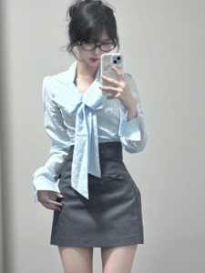 plus Size Sweet Butterfly Knot Design Long Sleeve High Waist Short Skirt Two Piece Set for Women Beautiful Fashionable Spring Outfit