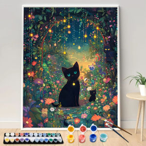 Kayou | Hand Painting Black Cat in The Fantasy Garden Painting By Numbers Kit DIY Artwork Canva Art Home Decoration Gift