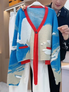 New Chinese Design Blue Knitted Open Cardigan Womens Slimming Sweater Spring 2025 Style Commute Regular Sleeve Long V-neck