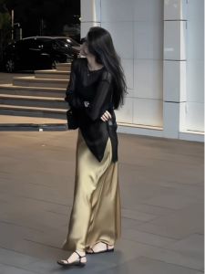 New Summer Fashion Elegance Champagne Gold Satin Loose Midi Skirt