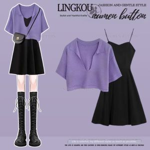 NUMEN BUTTON | Summer Elegant Stylish Purple V-Neck Knitwear Set with Waist-Cinching and Slimming