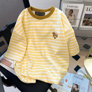 Cute Yellow Dog Striped Short Sleeve T-shirt for Women Loose K-style Embroidered Work Clothing Summer Apparel for 18-24