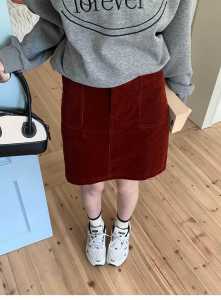 Korean Style Retro High Waist Slimming Skirt Plus Size Ladies Fall and Winter Wine Red Corduroy Skirt A- Line Belly Covering Hip Wrapping Skirt