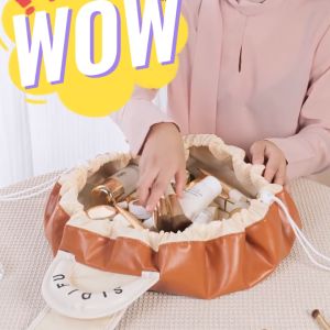 กระเป๋าเครื่องสำอางเดินทางขนาดใหญ่ กระเป๋าเก็บของในห้องน้ำแบบพกพา เชือกรูดปิดสนิท วัสดุ PU คุณภาพสูง