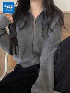 เสื้อสเวตเตอร์ถักแขนยาวสีเทาสไตล์อเมริกันสำหรับผู้หญิง เสื้อคาร์ดิแกนเปิดคอปกปิด ทรงหลวม ปกติ ฤดูใบไม้ผลิและฤดูใบไม้ร่วง