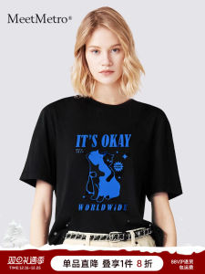 Black Letter Print Short Sleeve T-Shirt Womens Casual Loose Top MeetMetro Summer New Style Cotton round Neck Casual Wear