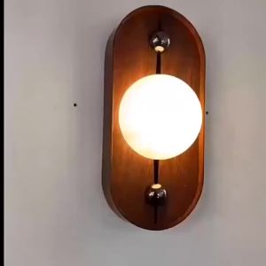 Natural Marble Wall Lamp Faux Wood Grain LED Globe Wall Sconce Bedroom Wall Light for Living Room Hallway Indoor Decor Lighting