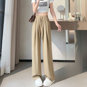 YAMIANNV | Quần ống rộng cạp cao cho nữ mùa hè mỏng dáng ôm quần ống đứng màu đen thường ngày bằng vải polyester và lycra