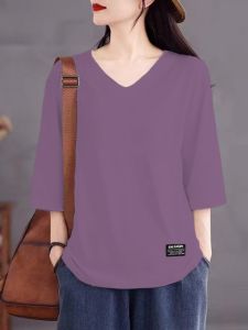 ผ้าฝ้ายคอวีแขนสั้นเสื้อยืดผู้หญิงแฟชั่นฤดูร้อนสบายๆพิมพ์เสื้อผ้าทํางานหลวมพอดีสไตล์ลดน้ําหนักขนาดใหญ่