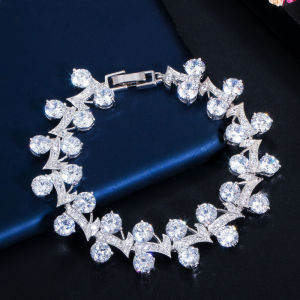 SEQUITO Luxury Platinum Plating Banquet Wedding Women Jewelry L Shape Inlaid Sparkling Round White AAA Cubic Zircon Stones Mona Lisa Tennis Bracelet Bangle for Brides B215