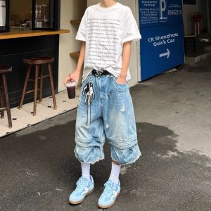 American Street Style Mens Loose Wide Leg Jeans Shorts Casual Patchwork Design Low Waist Mid-Calf Straight Tube Pants
