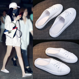 Waterproof Office Ladies Slippers Cross Buckle Strap Head Covered Sandals Flat Heel Rubber Sole Casual Style Pure Color Shoes