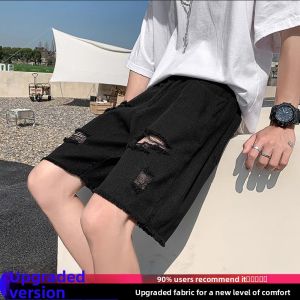 Black Frayed Hole Denim Shorts Mens Design Summer Poor Five-Point American High Street Medium-Length Cotton Polyester Shorts