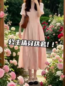 LIRUSHAN | French Style Pink Short Sleeve Slimming Dress