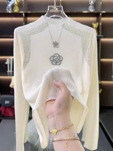 QINGNAER | Camellia Flower Hot Fix Half High Collar Plus Size Knitwear