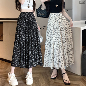 PM✿ Women chiffon floral half skirt spring and summer loose mid length A-line pleated skirt