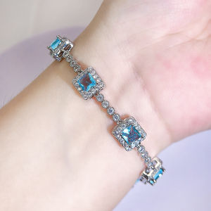 SEQUITO Delicate Wrist Pendant Bracelet Gold Plated Pave Setting Square Shape Blue AAA Cubic Zirconia Women Clothing Jewelry B323