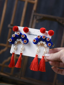 เครื่องประดับผมสไตล์โบราณสำหรับเด็กผู้หญิง ปีใหม่ สีแดง ขนแกะ ขนนก ตกแต่งผมแบบจับคู่ แฟชั่นเด็ก เครื่องประดับผม