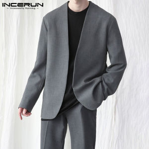 INCERUN Mens Long Sleeve Collarless Henley Blazer Cardigan Open Front Coat Thin Jackets (Korean Style)