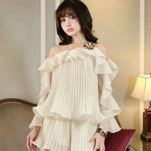 Ruffled Off-Shoulder Blouse French Light Refined Style Two-Piece Set