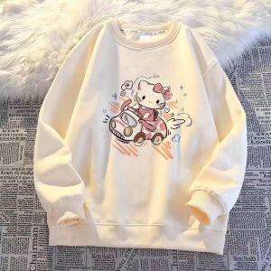 Girls Spring Autumn Kitty Cat round Neck Fleece Lined Loose Sweatshirt Sweet Casual Comfortable Cotton Blend Kids Clothes