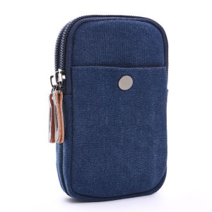 Retro Canvas Belted Mobile Phone Bag for 6.8 Inch Viv9 Wear Resistant Double Zipper Waist Bag Sport Style Pure Color Youth