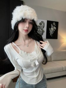 Spicy Girl Ballet Style Design Sense Lace Splice Long Sleeve Womens T-shirt Slim Fit French Butterfly Knot Fake Two-Piece Top