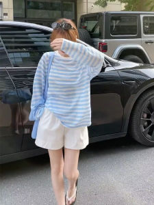 น้ำหนักเบา หลวม แขนยาว ผู้หญิง เสื้อยืดป้องกันแสงแดด Cover Up ลายบล็อกสี ลำลอง ฤดูร้อน แฟชั่น สไตล์เกาหลี