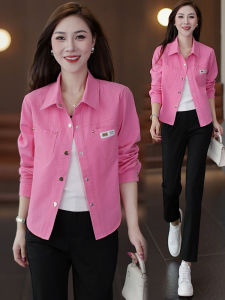 เสื้อแจ็คเก็ตคอโปโลแขนยาวผ้าฝ้ายทรงหลวมสำหรับผู้หญิง ฤดูใบไม้ร่วง 2024 เสื้อแจ็คเก็ตทรงหลวมสไตล์ลำลองที่สวมใส่สบายและทันสมัย ​​เสื้อคลุมกันหนาว