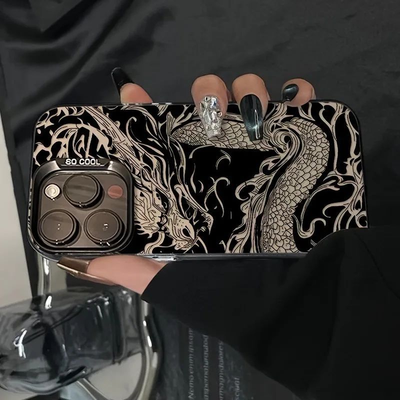 Black Dragon Pattern Electroplated TPU Phone Case, Suitable 17 Max, IPhone 16, 15, 14, 13, 12, 11, Xs, Xr, X, 7, 8,_voghion.com